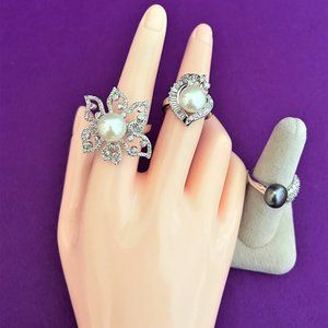 SET OF 3 RINGS 10-10.5MM CULTURED PEARLS BLACK OR WHITE WITH CZ SIZE 8